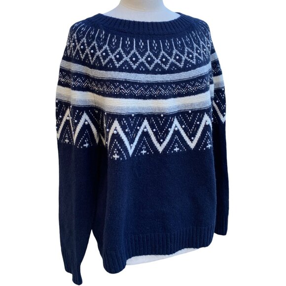 Talbots Wool Blend Fair Isle Sweater Pearls Beaded Dark Fairy Ski Countryside-XL - Picture 1 of 12